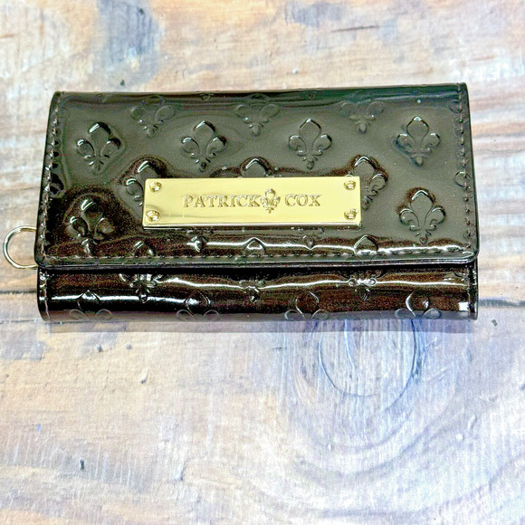 Patrick Cox Tri-fold Brown Patent Leather Key Wallet Women's Fleur de Lis - Picture 1 of 10
